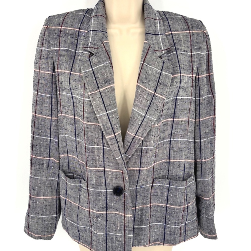 Vintage 90s Peabody House Silk Blend Plaid Gray Blazer Preppy Sz 5/6